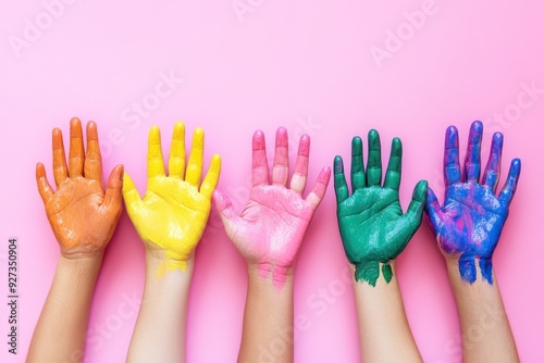 Five Hands Painted with Vibrant Colors on a Pink Background