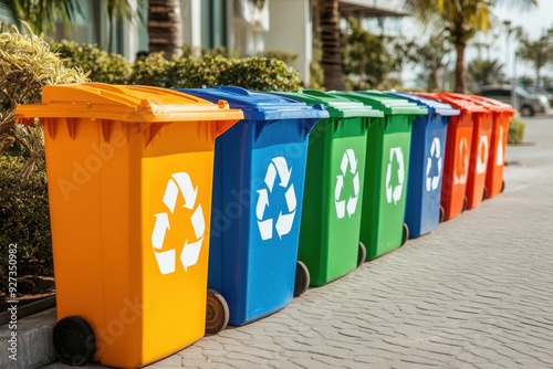 Colorful Recycling Bins Lined Up Outdoors photo