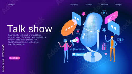 Concept of podcast, radio, broadcasting.. Icon composition with microphone, recording audio, listening talk or interview in mobile podcasting application.