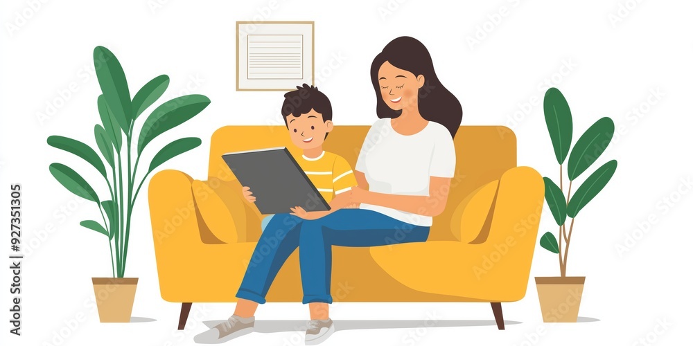 A woman and a boy are sitting on a couch, with a tablet in front of them. Concept of warmth and togetherness, as the woman A woman and a boy are sitting on a couch, with a tablet in front of them. Concept of warmth and togetherness, as the woman