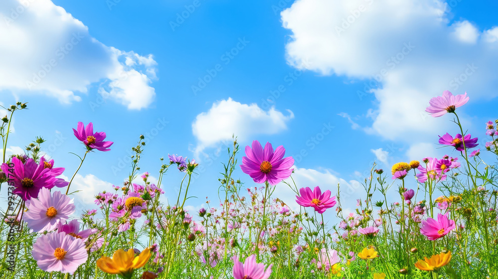 Wildflowers in a blooming meadow under a blue sky Wildflowers in a blooming meadow under a blue sky