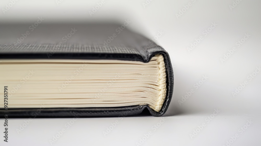 Thick book with black hardcover laying on a white surface, showing the spine and many white pages Thick book with black hardcover laying on a white surface, showing the spine and many white pages