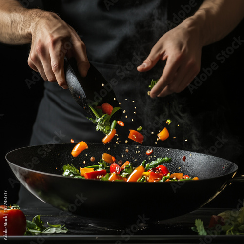 chef preparing vegetables  in a pan