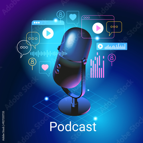 Concept of podcast, radio, broadcasting.. Icon composition with microphone, recording audio, listening talk or interview in mobile podcasting application.
