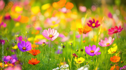 Colorful flowers in soft focus with warm sunlight