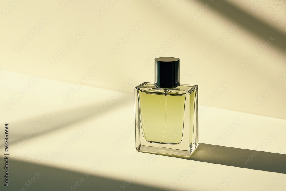 Elegant perfume bottle casting soft shadows in natural light Elegant perfume bottle casting soft shadows in natural light