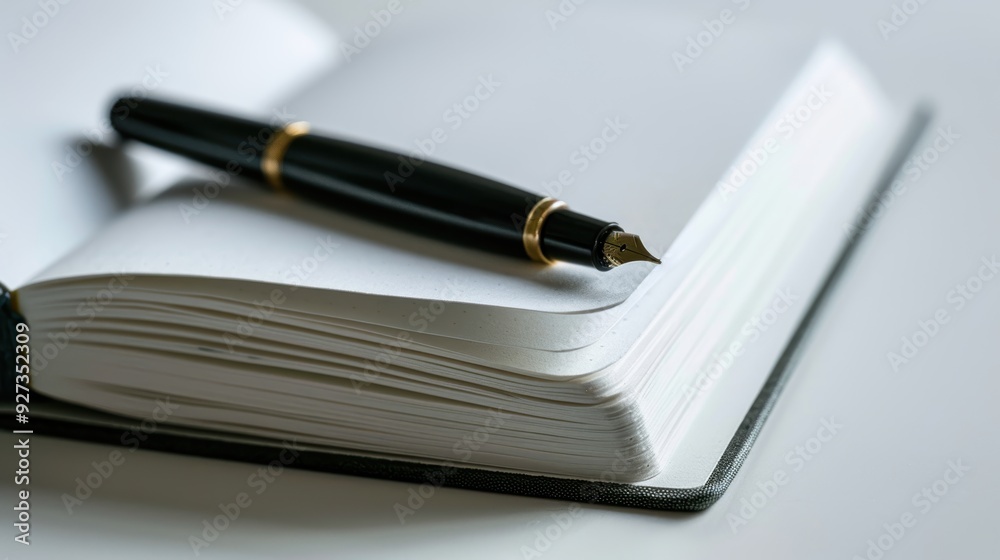 Beautiful fountain pen rests on an empty page of an open notebook, hinting at the start of a fresh tale Beautiful fountain pen rests on an empty page of an open notebook, hinting at the start of a fresh tale