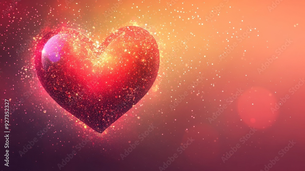A vibrant, glowing heart shape filled with sparkles against a gradient background.
