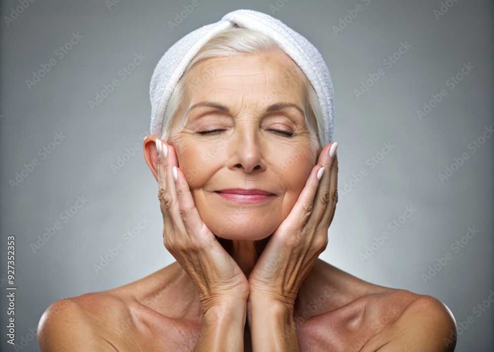Serenely relaxed senior lady with gentle skin applies a rejuvenating facial treatment, surrounded by a soothing grey background, exuding warmth and tranquility. Serenely relaxed senior lady with gentle skin applies a rejuvenating facial treatment, surrounded by a soothing grey background, exuding warmth and tranquility.