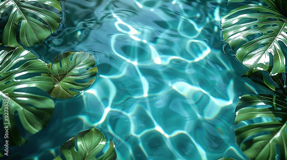 A water background with blue aqua texture shows ripples and palm leaf shadows, creating a spa concept with a top view and copy space. A water background with blue aqua texture shows ripples and palm leaf shadows, creating a spa concept with a top view and copy space.