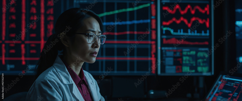 An Asian woman scientist with a nervous expression watches as shocking data displays red warnings, indicating a serious situation, with space for copy. An Asian woman scientist with a nervous expression watches as shocking data displays red warnings, indicating a serious situation, with space for copy.