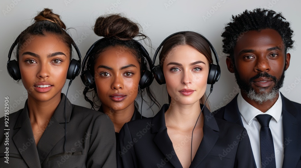 Four Professionals Wearing Headphones and Formal Attire, Isolated on White Background Four Professionals Wearing Headphones and Formal Attire, Isolated on White Background