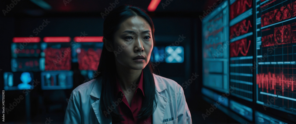 An Asian woman scientist with a nervous expression watches as shocking data displays red warnings, indicating a serious situation, with space for copy. An Asian woman scientist with a nervous expression watches as shocking data displays red warnings, indicating a serious situation, with space for copy.