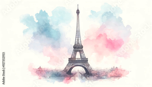 Watercolor illustration of the Eiffel Tower, Paris, with colorful splashes on a white background, perfect for tourism, travel agencies, holiday cards, or French-themed designs. Ideal for Bastille Day  photo