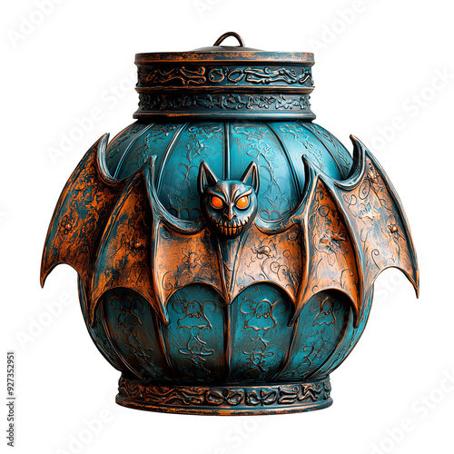 A decorative lantern featuring a bat design, showcasing intricate details and a unique color scheme, perfect for Halloween decor, transparent background