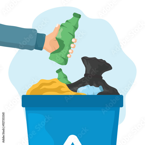 concept illustration of a hand holding a bottle wanting to throw it in the trash, flat style illustration.