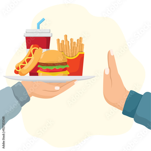 concept illustration of refusing to eat fast food, flat style vector illustration.