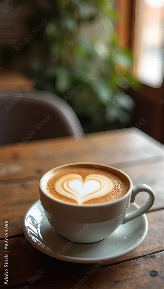 Latte coffee cup with beautiful foam art placed on rustic wooden table in cozy cafe atmosphere warm and inviting morning coffee time concept Latte coffee cup with beautiful foam art placed on rustic wooden table in cozy cafe atmosphere warm and inviting morning coffee time concept