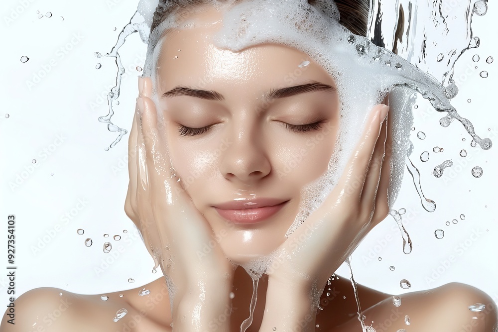 Naklejka premium Refreshing Face Wash with Soap Bubbles and Water Splashes on a clean white background