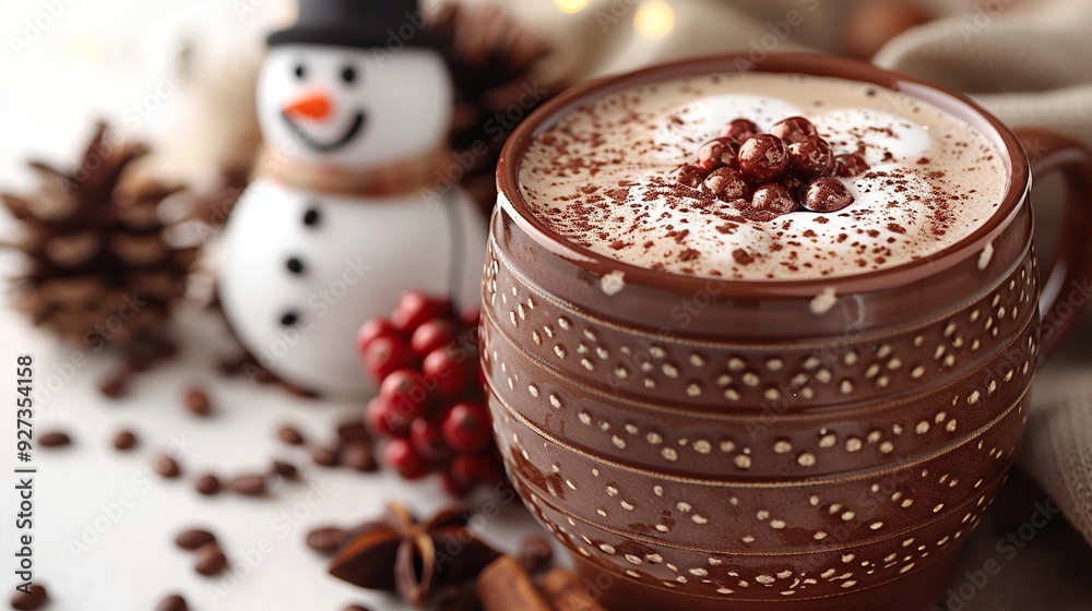 A winter hot chocolate with a creamy snowman is isolated on a white background, highlighting a special seasonal drink. A winter hot chocolate with a creamy snowman is isolated on a white background, highlighting a special seasonal drink.