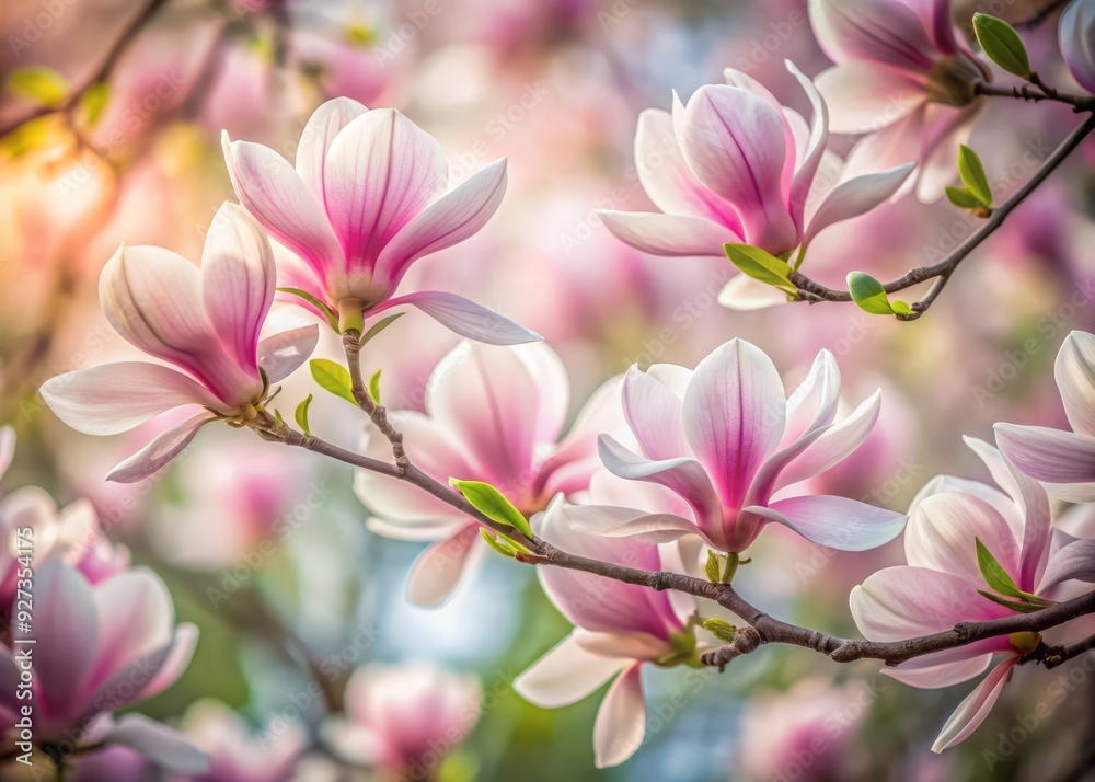 Fototapeta premium Delicate pink and white blossoms of a saucer magnolia tree swirl together in a beautiful dance, set against a soft, blurred natural background in early spring.