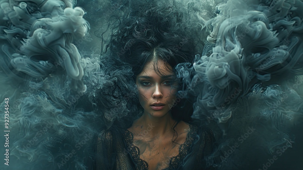 A woman in a black dress vanishes into dark smoke from her head, creating a surreal and emotional visual effect. A woman in a black dress vanishes into dark smoke from her head, creating a surreal and emotional visual effect.