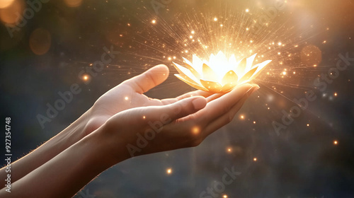 Hands Holding a Glowing Lotus Flower Symbolizing Enlightenment and Spiritual Awakening in Buddhism and Dhamma