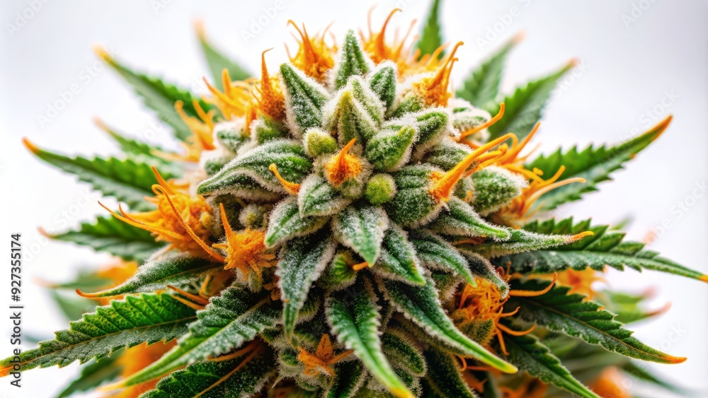 Vibrant green cannabis flower with fiery orange pistils and trichomes, shot on a clean white background, showcasing its intricate details and potent beauty. Vibrant green cannabis flower with fiery orange pistils and trichomes, shot on a clean white background, showcasing its intricate details and potent beauty.
