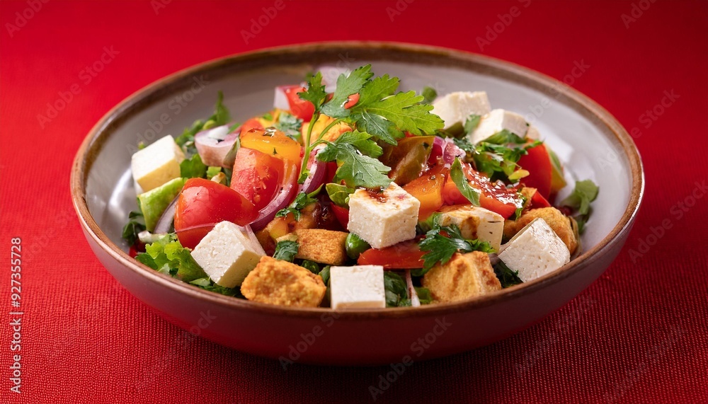 Indian healthy cuisine paneer salad on red background Indian healthy cuisine paneer salad on red background