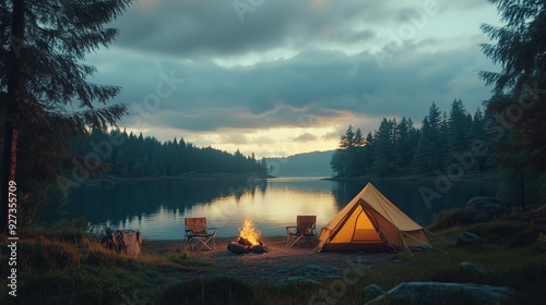 A tent set up by the lake, camping equipment around it, campfire and chairs next to him, sunset