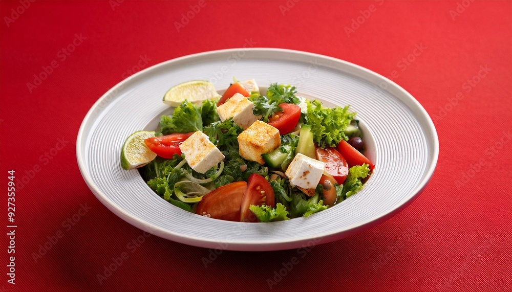 Indian healthy cuisine paneer salad on red background Indian healthy cuisine paneer salad on red background