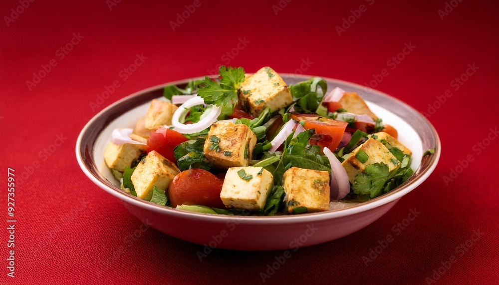 Indian healthy cuisine paneer salad on red background Indian healthy cuisine paneer salad on red background