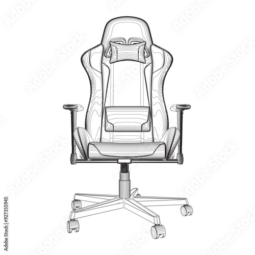 Gaming chair contour vector illustration. Drawing of computer chair, comfortable equipment for gaming isolated on white background. Furniture, gaming, comfort concept