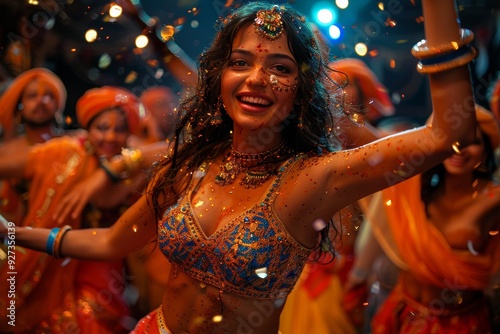 Portrait of a girl. A vibrant and energetic Bollywood dance party scene, with people dressed in colorful traditional attire, dancing and celebrating. Generative AI photo