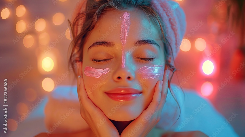 A young woman receives a spa treatment, including a face massage, in a beauty spa, emphasizing relaxation and self-care. A young woman receives a spa treatment, including a face massage, in a beauty spa, emphasizing relaxation and self-care.
