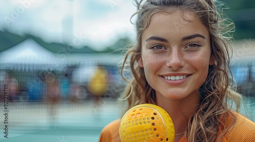 A young woman plays pickleball at an outdoor court, enjoying the sport and sunny weather.