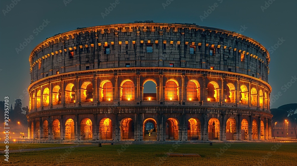 Naklejka premium This night photograph captures the illuminated Colosseum, a famous Italian landmark in Rome, showcasing its grandeur and beauty.