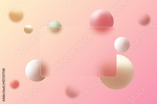 Pink spheres with transparent glass partition, glass morphism style website page template.