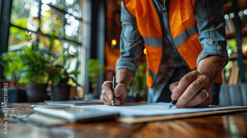 A construction site manager, wearing a safety vest, is closely observing and documenting various signs and documents.