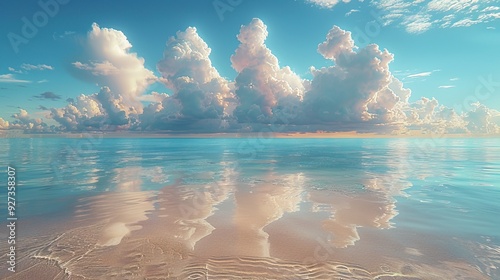 Clouds shaped like virtual wallets drift across a serene beach scene, embodying the ease of managing crypto assets in the cloud. photo