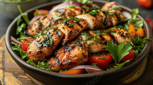 A hearty vegetable salad complemented by grilled chicken offers a delicious and healthful dining choice.