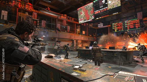 Screenshot of action video game with first person shooter (FPS) view. Fictional war and commands video game with player's perspective.