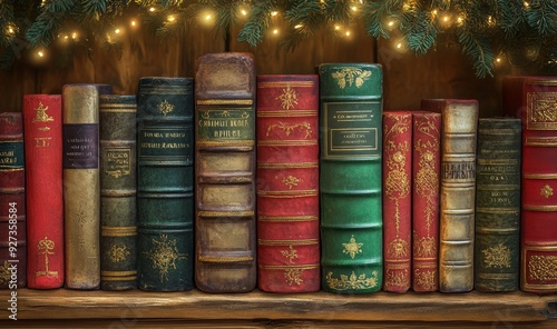 Old vintage books adorned with holiday Christmas lights decoration on a wooden shelf