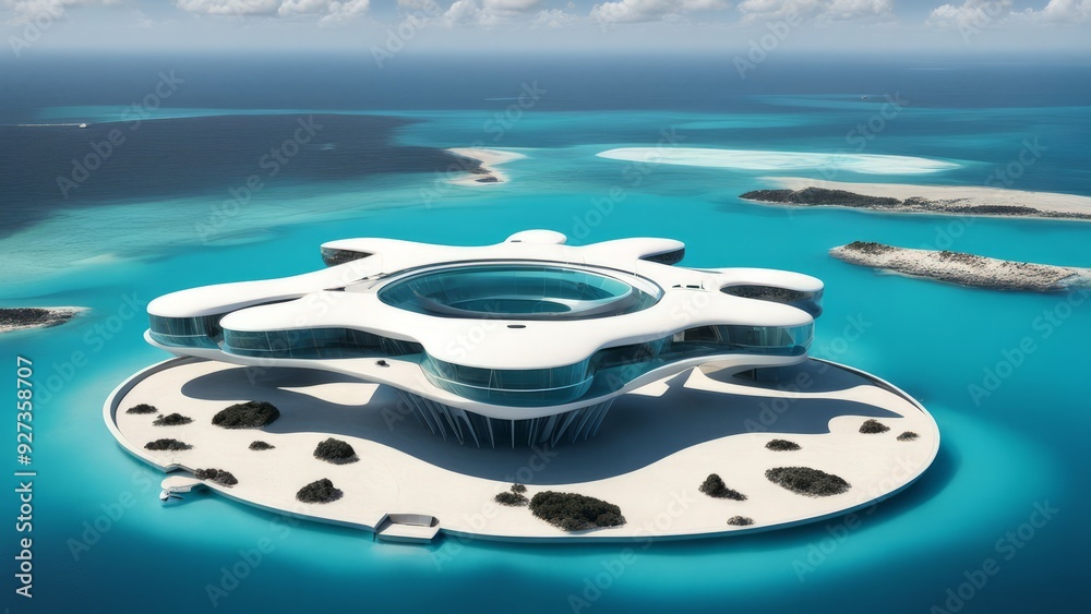 Oceanic Utopia: A futuristic architectural marvel, a sprawling, biomorphic structure nestled amidst turquoise waters, evokes a sense of tranquility and sustainable living. The design. Oceanic Utopia: A futuristic architectural marvel, a sprawling, biomorphic structure nestled amidst turquoise waters, evokes a sense of tranquility and sustainable living. The design.