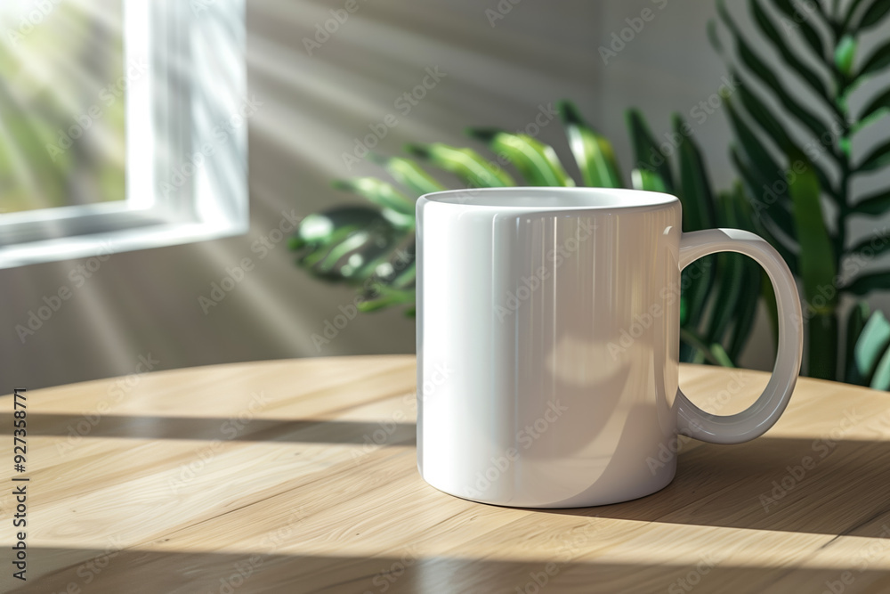 A white coffee mug with a handle on the right side. A white coffee mug with a handle on the right side.