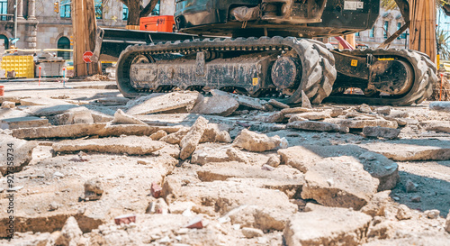 Construction Machinery and Damaged Pavement in Barcelona