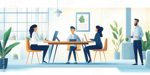 A modern office meeting scene featuring professionals discussing strategies with laptops and plants in a bright, inspiring space.