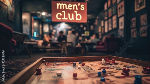 Men's Club with a Few Men Playing Board Games: Cozy Scene Featuring a Group of Men Relaxing and Engaged in Various Board Games. The Sign 