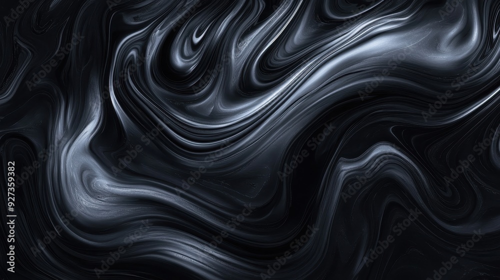 Obraz premium Abstract black and silver swirling patterns resembling liquid textures.