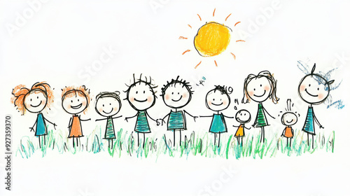 A lively stick figure family holding hands in the grass, with a bright sun overhead, capturing a joyful moment of togetherness.